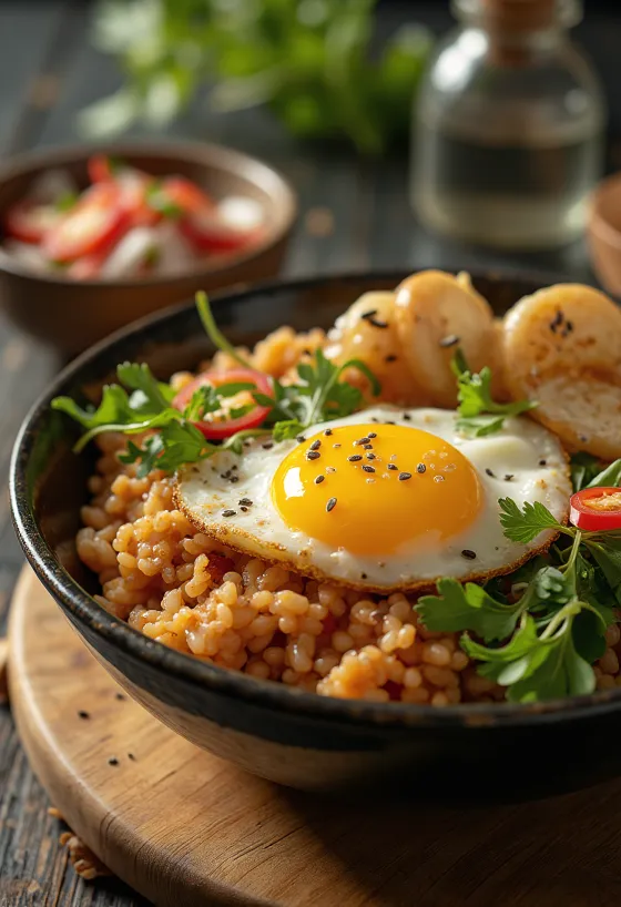 Spicy Chili Rice Bowl with fried chili, egg, and salad