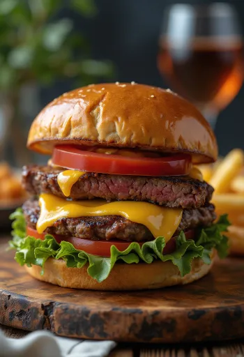 Steak burger with cheddar and fresh vegetables