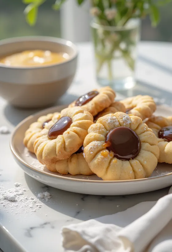 Caramel Linzer cookies served on a plate