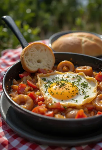 Lecsó with sausage and eggs served