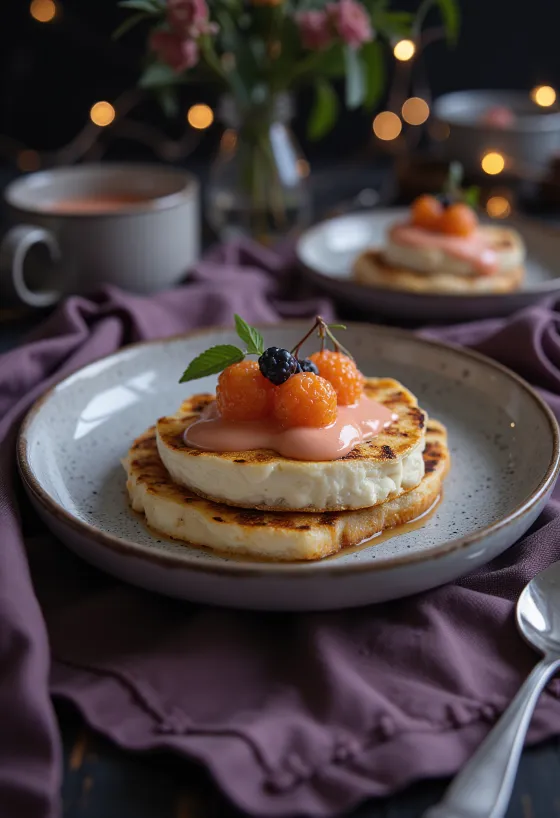 Leipäjuusto with cloudberry mousse, served with blueberries and cream