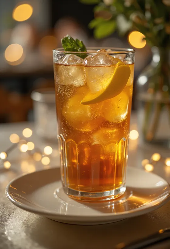 Long Island Iced Tea cocktail with lemon wedge