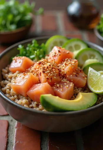 Ahi Tuna Poke Bowl with brown rice, avocado, and cilantro