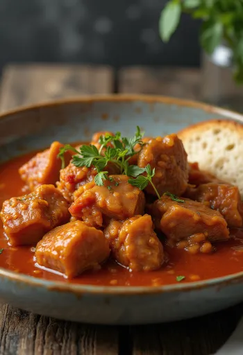 Rich red pork stew served with potatoes and parsley