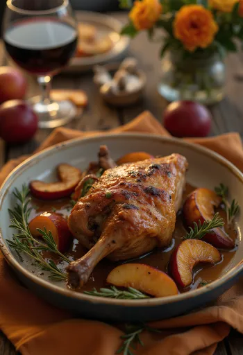 Crispy roasted duck leg served with mashed potatoes and braised cabbage