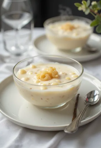 Creamy vanilla tapioca pudding served in a glass bowl