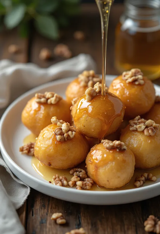 Golden fried Zeppole Italian doughnuts topped with honey and walnuts
