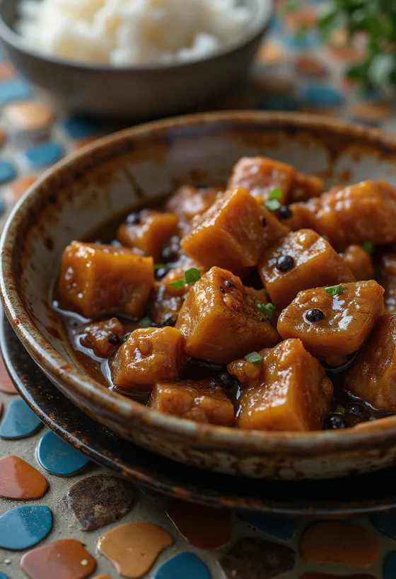 Pork Adobo served with white rice and fresh cilantro