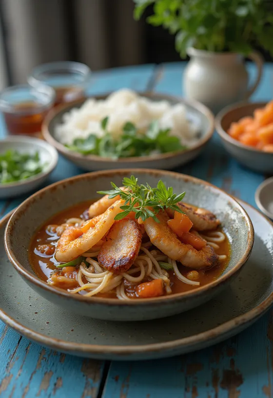 Bun Cha served with rice vermicelli and fresh vegetables