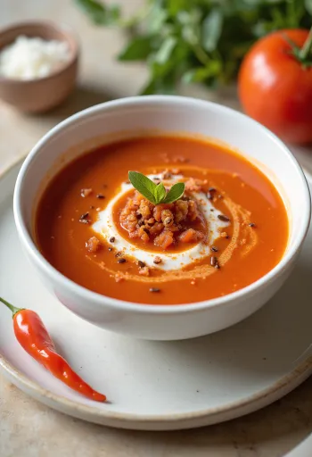 Spicy tomato cream soup served