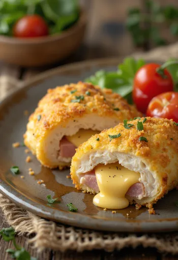 Golden fried chicken cordon bleu with salad and fries