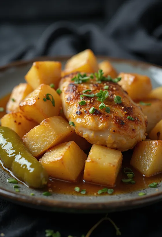 Brassói chicken with roasted potato cubes and fresh parsley