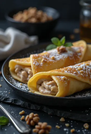 Walnut crepes served with chocolate sauce