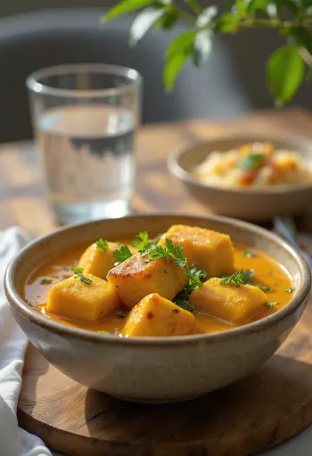 Bowl of Tofu Korma with golden fried tofu