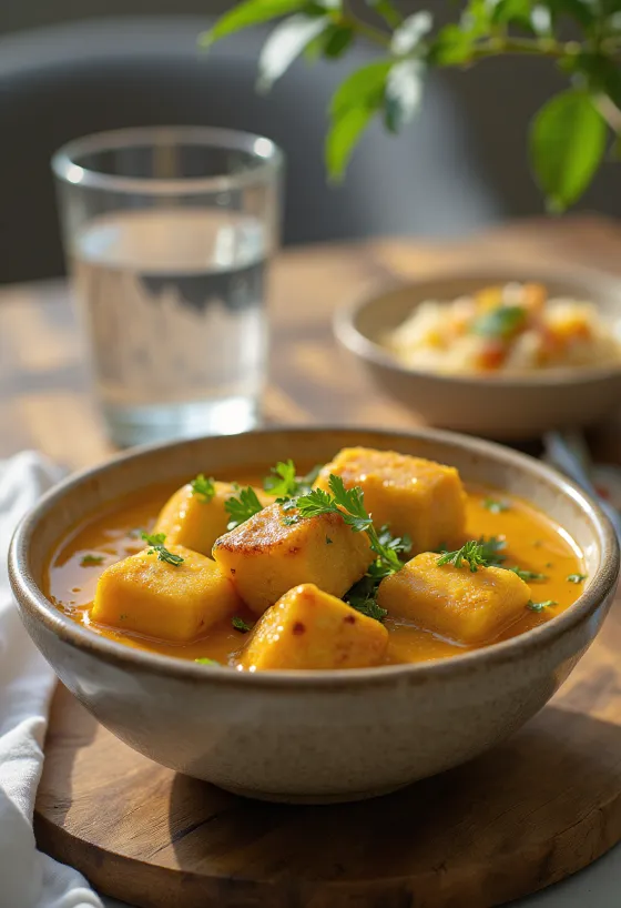 Bowl of Tofu Korma with golden fried tofu