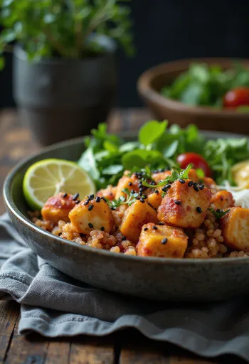 Lime tofu and quinoa bowl with creamy beet sauce