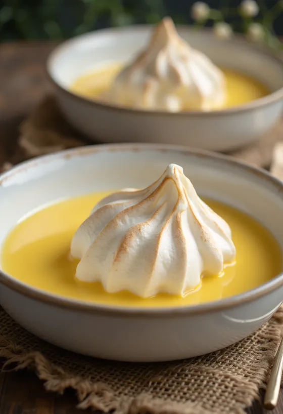 Floating Islands dessert in a glass bowl with vanilla custard