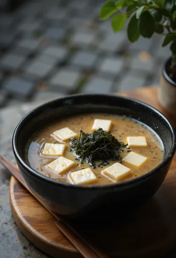 Bowl of steaming miso soup with tofu cubes and green onions