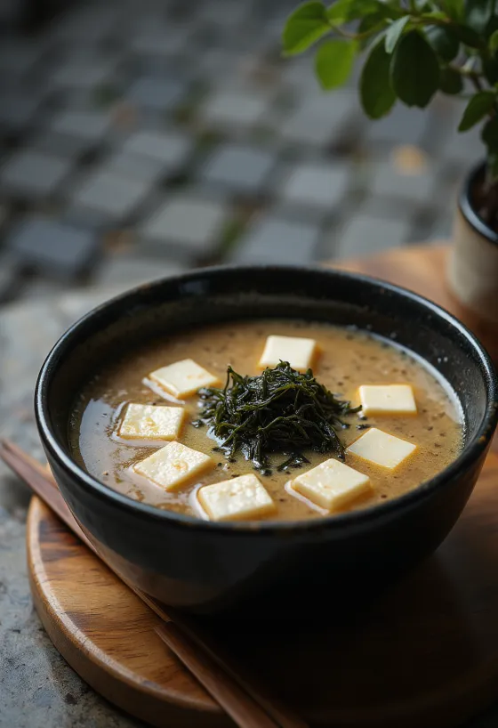 Bowl of steaming miso soup with tofu cubes and green onions