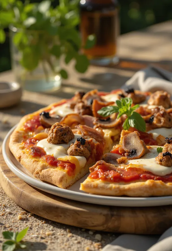 Pizza with wild mushrooms and bacon