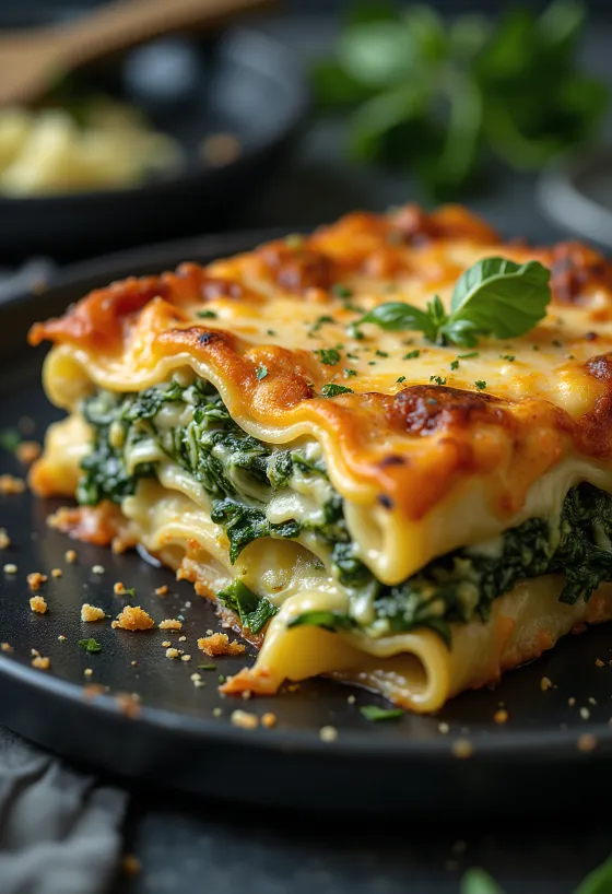 Spinach lasagna layered with golden baked cheese on top