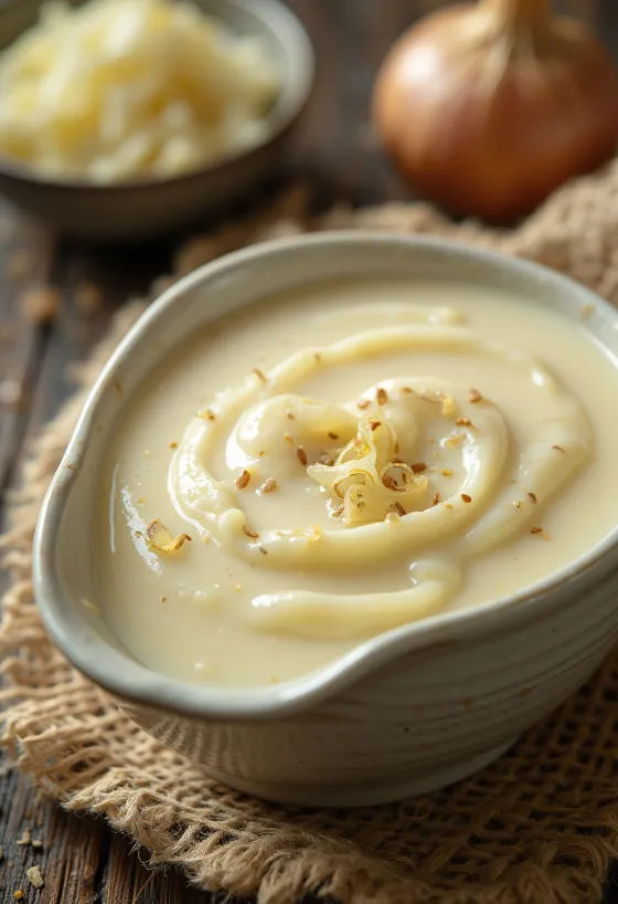 Creamy shallot butter sauce in a bowl, garnished with fresh thyme.