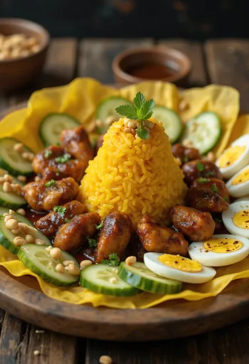 Tumpeng rice cone with chicken and peanuts