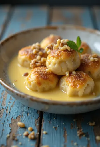 Traditional golden walnut dumplings with vanilla custard - Soft, nutty dough balls served with creamy sauce.
