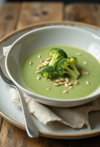 Creamy broccoli soup topped with toasted seeds