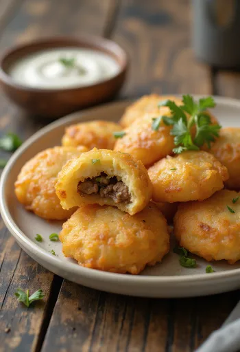 Golden brown Carimañolas stuffed with beef
