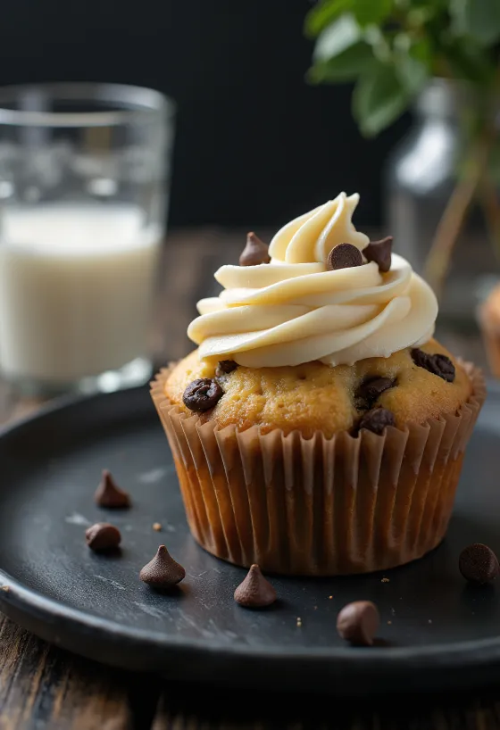 Chocolate chip cupcakes served on a plate