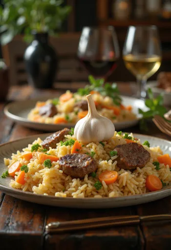 Uzbek Lamb Plov served on a platter
