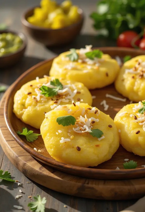 Poha Dhokla served with fresh cilantro and shredded coconut