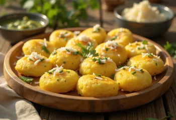 Poha Dhokla served with fresh cilantro and shredded coconut
