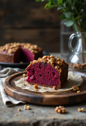 Beetroot walnut cake slice served on a plate