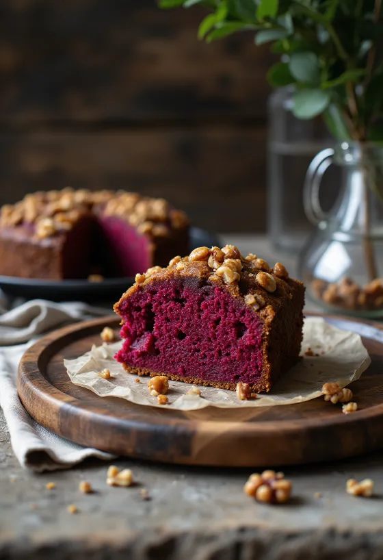 Beetroot walnut cake slice served on a plate