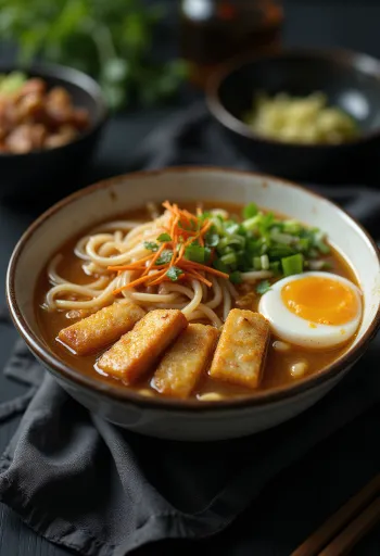 Ramen bowl with fried tofu, noodles, and toppings