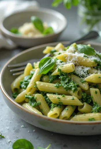Creamy spinach pasta topped with fresh parmesan