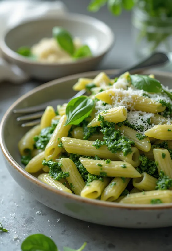Creamy spinach pasta topped with fresh parmesan