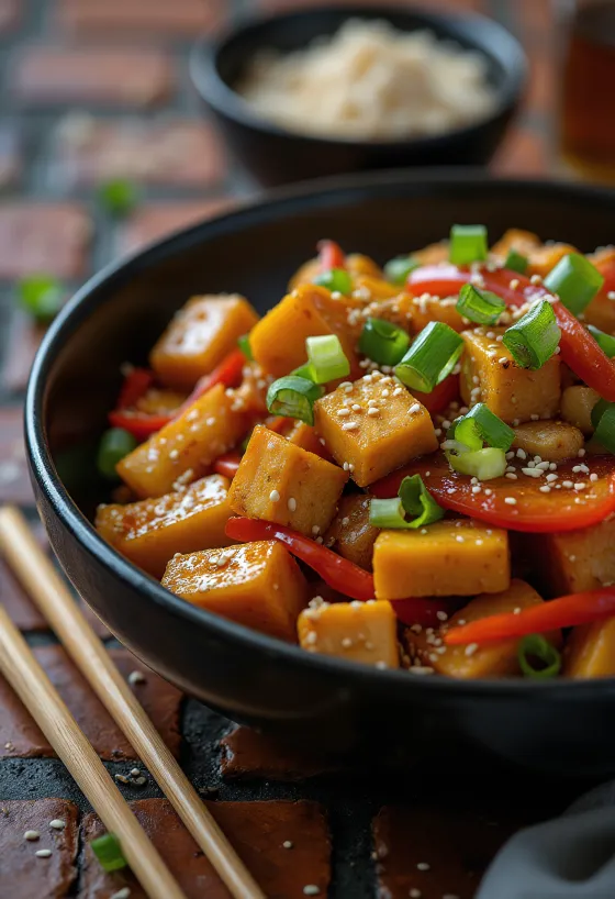 Pumpkin wok with tofu served