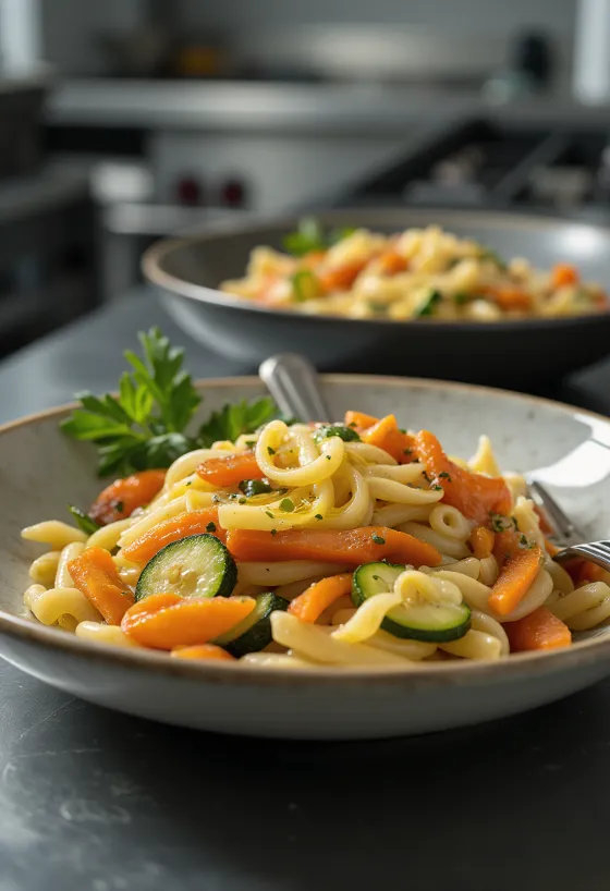 Fresh vegetable pasta with crispy vegetables and parsley