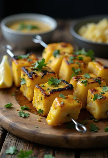 Achari paneer tikka grilled paneer pieces, seasoned in yogurt marinade, served with fresh cilantro and lemon