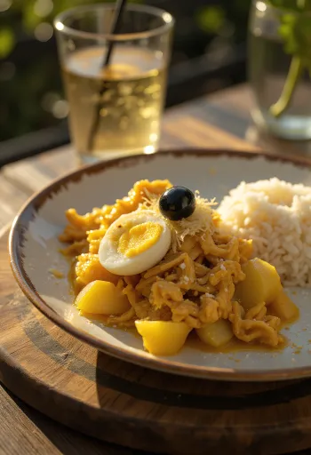 Ají de Gallina served with boiled eggs, potatoes, and olives