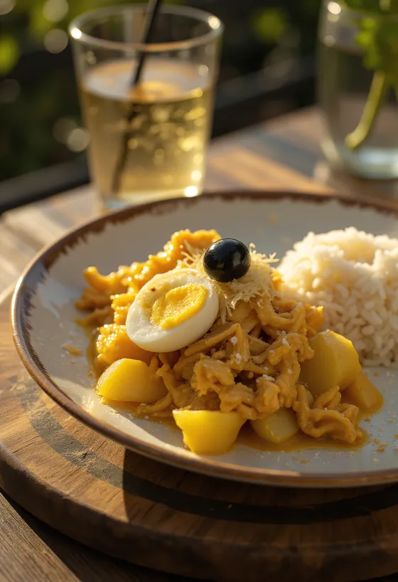 Ají de Gallina served with boiled eggs, potatoes, and olives