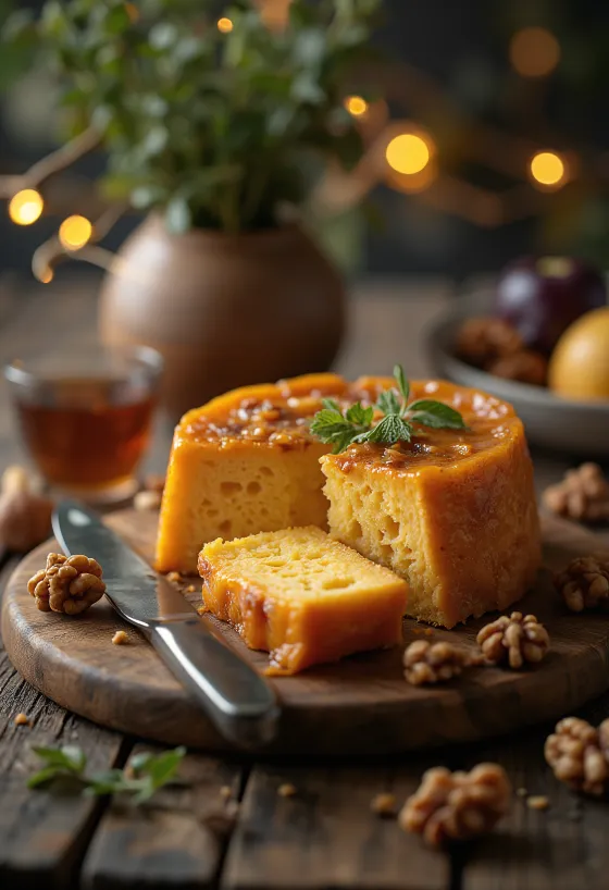 Golden quince paste blocks garnished with walnuts