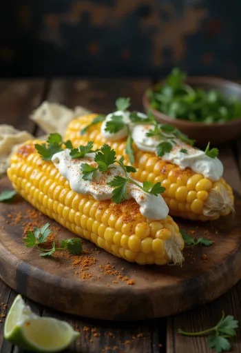 Elote with Sour Cream - fresh corn served with sour cream, cheese, and spicy paprika