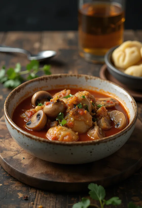Mushroom stew with fresh mushroom slices served in a thick paprika sauce