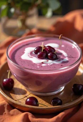 Refreshing cold sour cherry soup garnished with cream