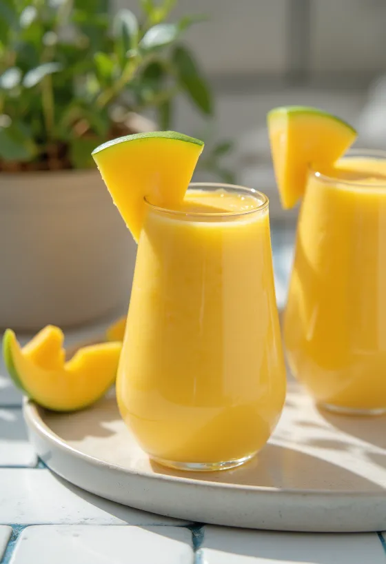 Mango smoothie in a tall glass garnished with mango slices