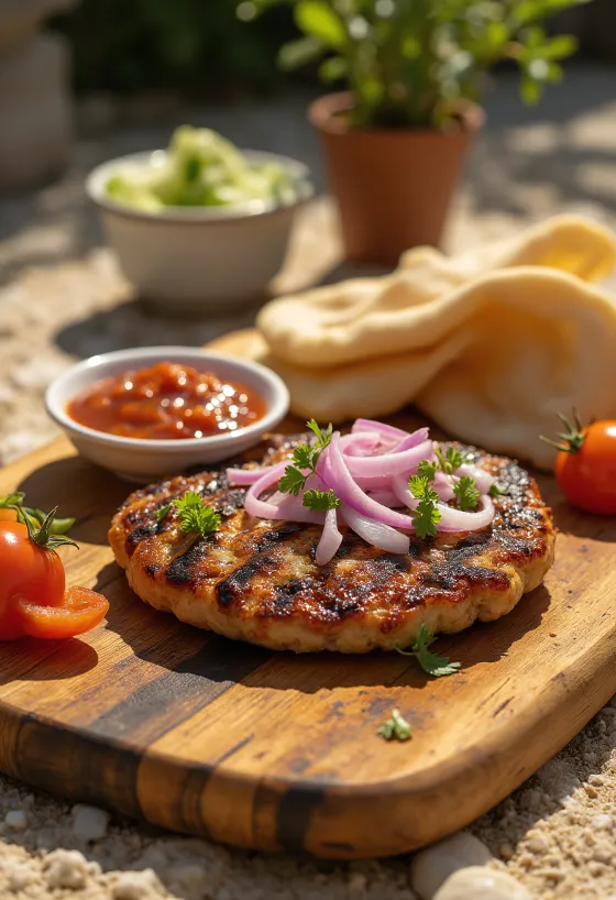 Pljeskavica, Serbian burger patty served with ajvar and roasted potatoes